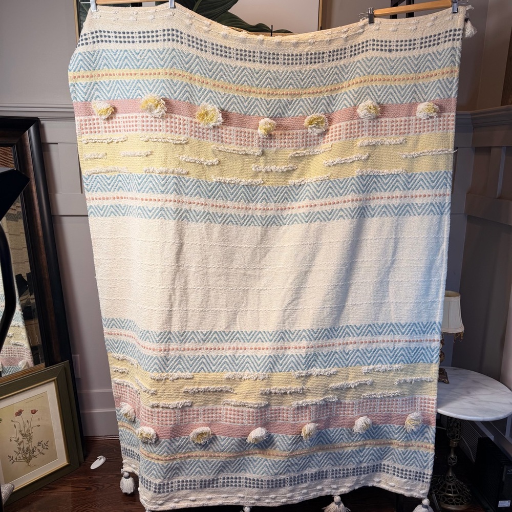 Tassel Boho Throw Blanket Cream yellow blue multi Striped 80%Cotton Indian50”x64 - Picture 3 of 10
